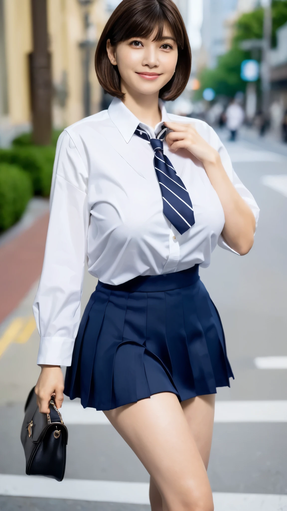 (8k,Ultra-high resolution,Highest quality,masterpiece,Realistic,Ultra-high resolution,High-quality RAW color photos,Professional photos,Realistic,Realistic),Natural skin texture,Fine skin,Hyperrealism,Intricate details,Adult women,Eye highlights.Lip gloss,Glossy Lips,(Cute smile,Short Hair,Dark blonde hair,bangs),((gigantic breast,Big Breasts,on side)),(Schoolgirl uniform,(White Cutter Shirt),Navy Pleated Mini Skirt,tie,loafers),Walking around the city,(walking)