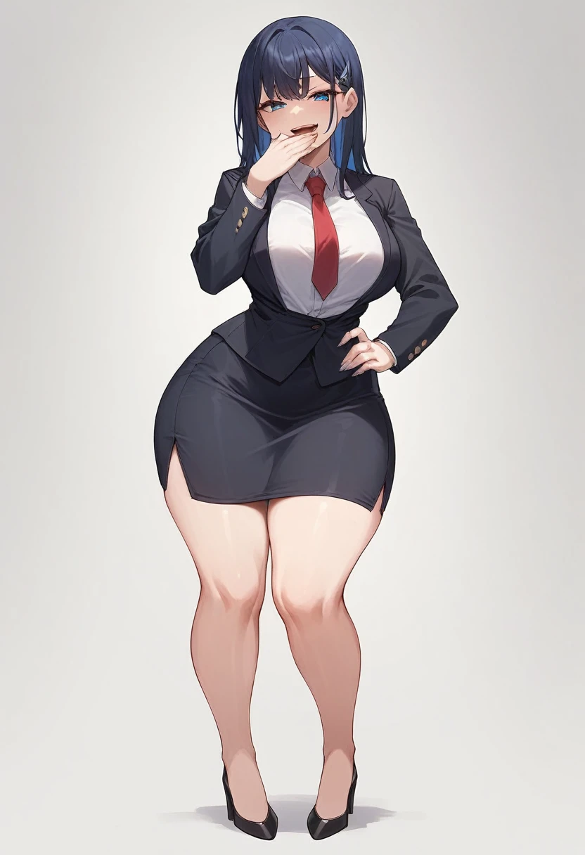 1adult woman, solo, long straight hair, hair bangs, bangs covering forehead, standing, dark blue hair,black blazer, white shirt, red tie, black pencil skirt, busty, thick thighs, wide hips, big soft thighs, shapely legs, black high heels, full body shown, white background,simple eyes, long fingernails, thick thighs pressed together, smug face, smug, smirk, teasing, blue eyes, entire body shown,one hand covering mouth , half-lidded eyes, open mouth, hand on waist, full body showing