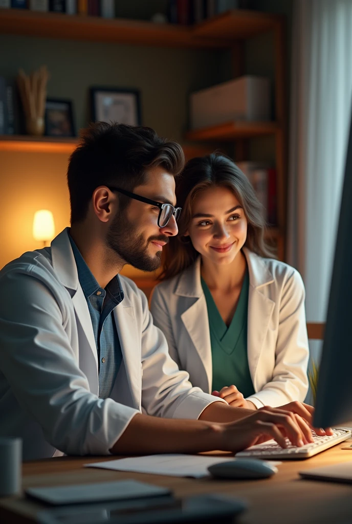 A male engineer working on his computer and his girlfriend doctor is smiling at him and loving him 
