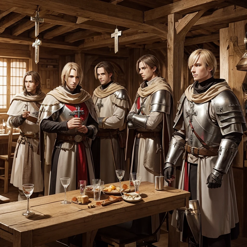 Templars with their armor and their crosses hanging from their necks in a medieval tavern resting 