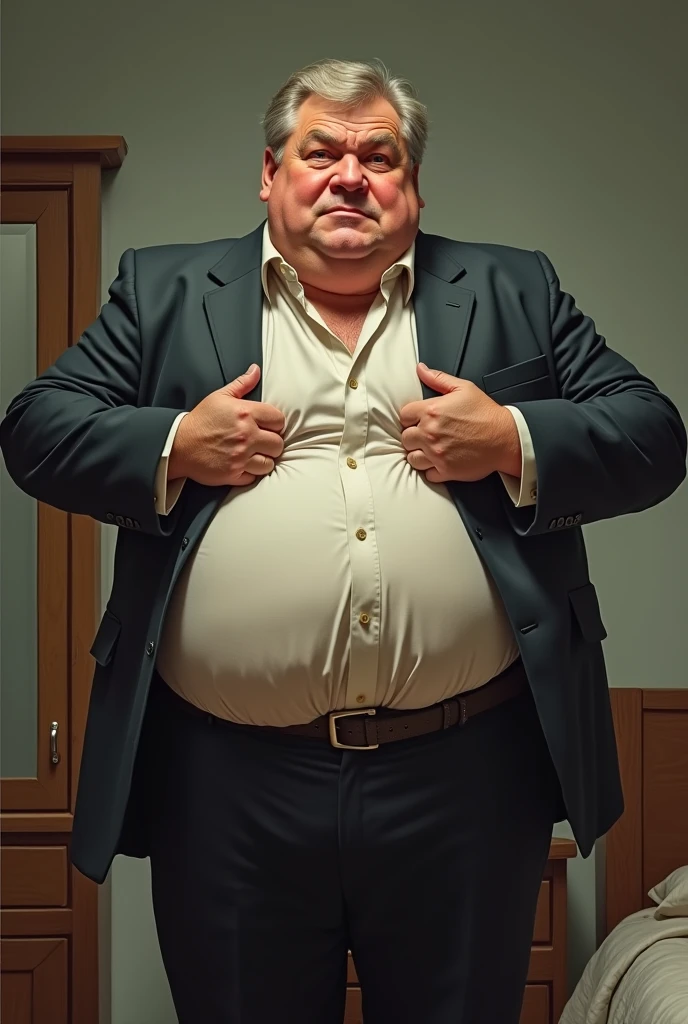 A fat man strugling to button his suit