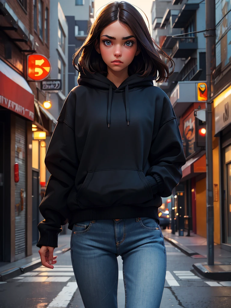 a pretty brunette girl, 22 years old, wearing a black hoodie and blue jeans, walking on an urban street, pensive and slightly sad expression, detailed facial features, detailed eyes and lips, complex urban background, whimsical lighting, Cinematic composition, Realistic photo, high quality, 8k, ultra detailed