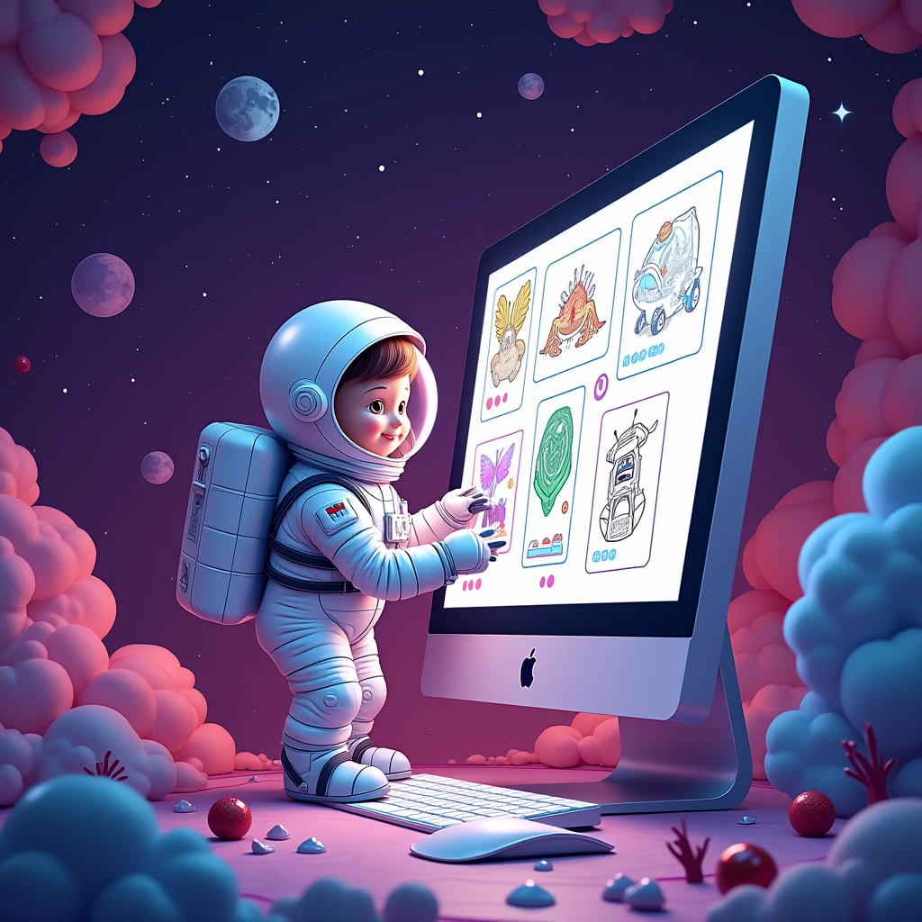 little human Animator avatar astronaut is shown working on a big I Mac screen sitting on cdesk in a galaxy surrounded by animations doodles icons representing an animator , with a purple gradient galaxy background.