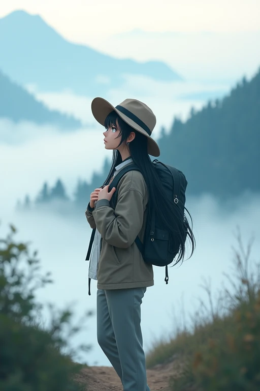 score 9,score 8 up,score 7 up,From front,masterpiece,HDR,illustration,Anime,bokeh,1 girl,black hair,big breasts,earring,jacket,long pants,safari hat,backpack,She looks up,She grabs the shoulder straps of her backpack,White thick fog,The whole area is covered with white fog,morning mist,mountain trail