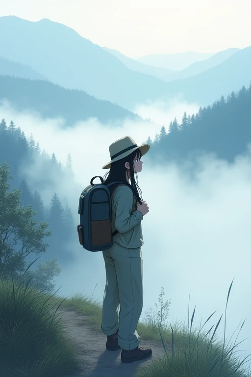 score 9,score 8 up,score 7 up,From front,masterpiece,HDR,illustration,Anime,bokeh,1 girl,black hair,big breasts,earring,jacket,long pants,safari hat,backpack,She looks up,She grabs the shoulder straps of her backpack,White thick fog,The whole area is covered with white fog,morning mist,mountain trail