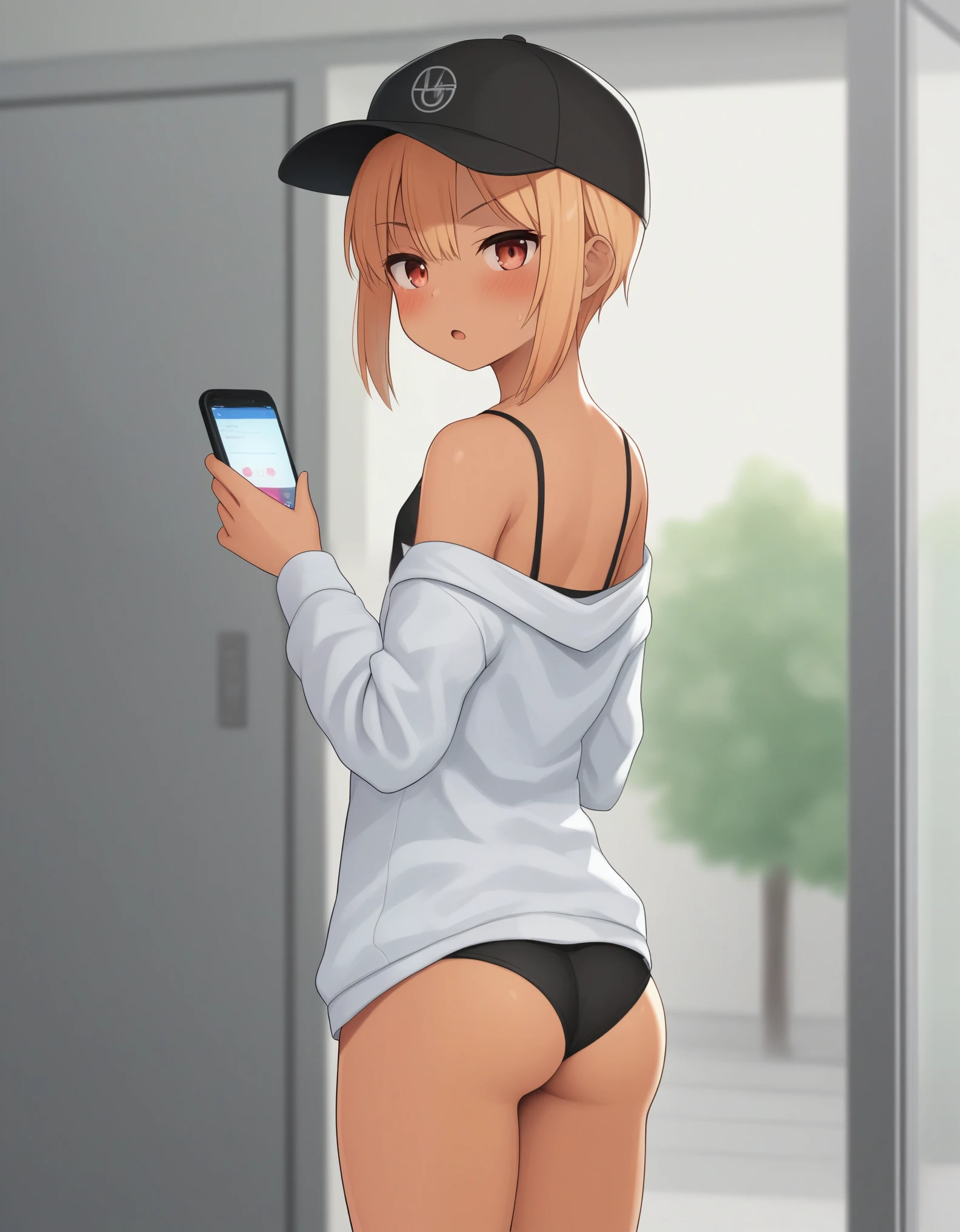 ((sexy girl ,gyaru)) ,nsfw, glamorous, slender, curvy, cap,short brown hair, off shoulder  blouse,jeans town,stand,looking at viewer,smartphone in hand,moistened eyes,blush,sexual ecstasy, pert ass, presenting butt, young, flat chest, 9 years old, young girl,