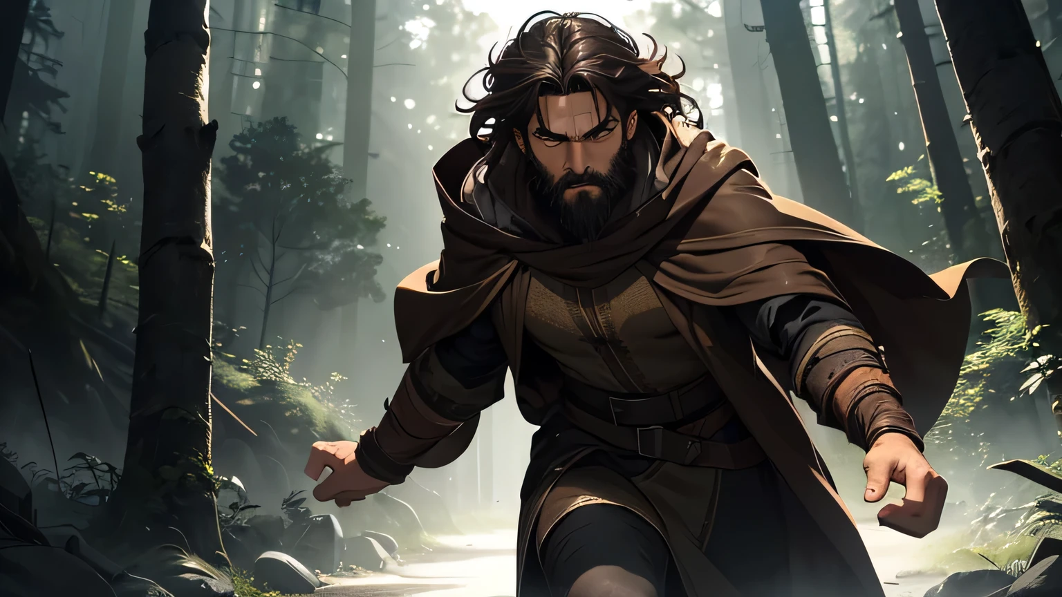 Scared man with dark brown beard, long dark brown hair, light yellowish brown eyes and dark brown and light brown robe from the 4th century BC, with a light brown cloak, about 50 years old, running in a dark and mysterious forest at night, running in the forest, moody lighting, hyper-realistic cinematic lighting,
