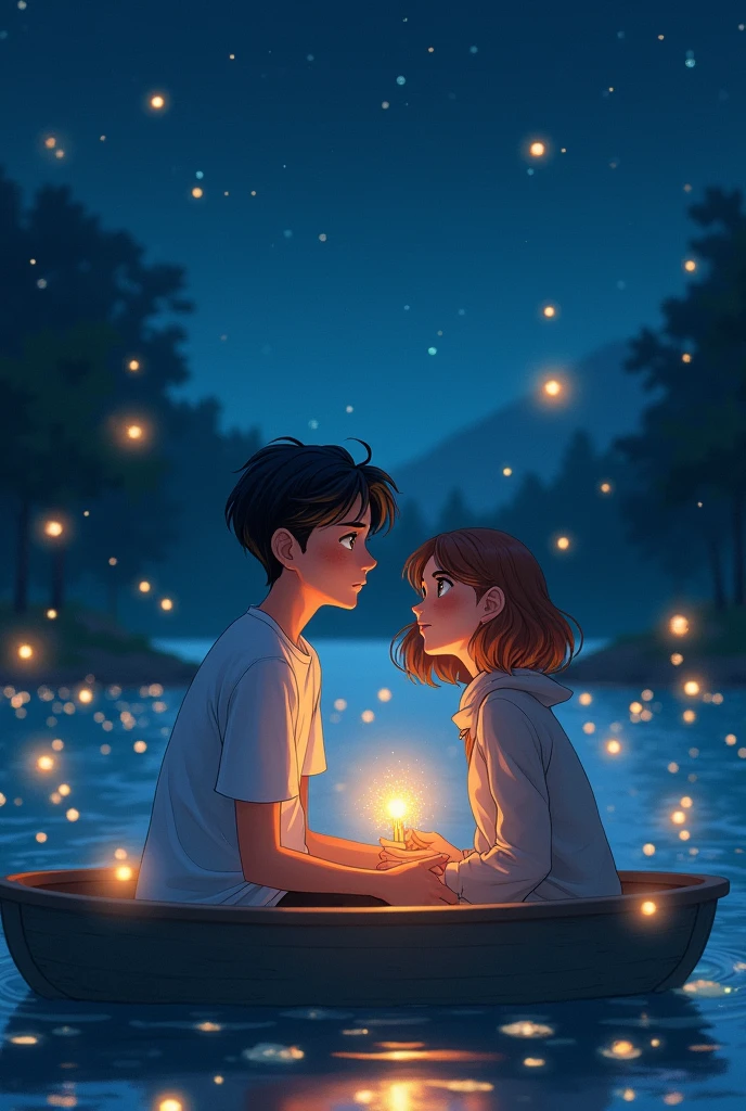 night background with floating lights. The 18-year-old boy is black-haired, blue eyes and a few freckles that are not very visible and the 18-year-old girl is light brown, amber eyes, and has a slight pink hue to her cheeks she is distracted watching the lights floating, They are on a boat on a lake while the boy watches the girl