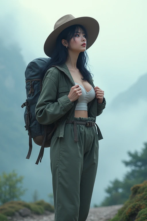 score 9,score 8 up,score 7 up,From front,masterpiece,HDR,illustration,Anime,bokeh,1 girl,black hair,big breasts,earring,jacket,long pants,safari hat,backpack,She looks up,She grabs the shoulder straps of her backpack,White thick fog,The whole area is covered with white fog,morning mist,mountain trail