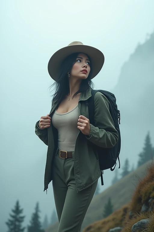 score 9,score 8 up,score 7 up,From front,masterpiece,HDR,illustration,Anime,bokeh,1 girl,black hair,big breasts,earring,jacket,long pants,safari hat,backpack,She looks up,She grabs the shoulder straps of her backpack,White thick fog,The whole area is covered with white fog,morning mist,mountain trail