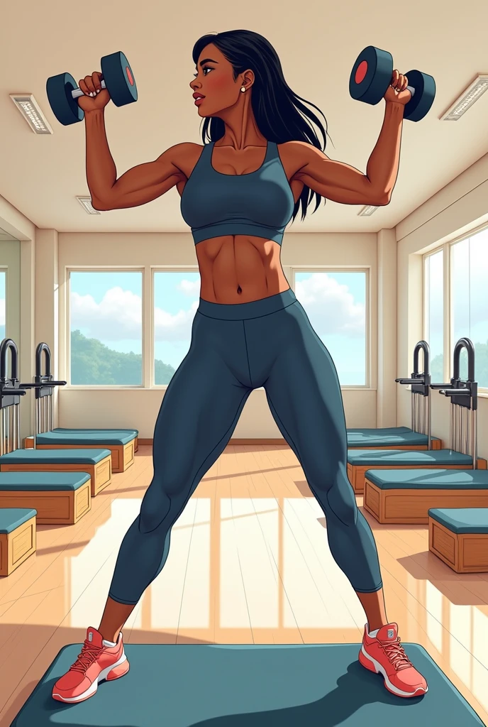 Black Physiotherapist, with straight hair, in drawing, doing pilates exercises with dumbbells