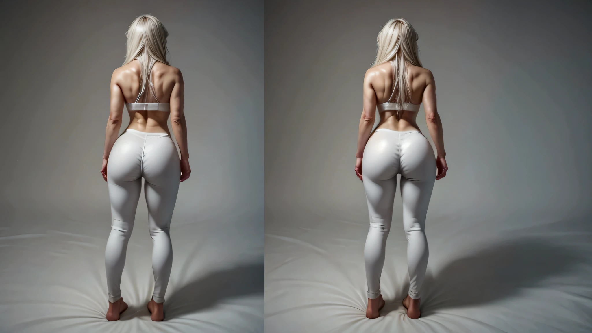 (Highly realistic and perfect image, high resolution, 4K, pure perfect realism, (full body view, full body view)), a girl, high resolution, picture-perfect, flawless on face and body, Depth of field, in a bra and leggings, long hair, looking at the observer, alone, very long hair, White hair, only one person, showing full body, standing body, standing on his back, looking back, very big ass
