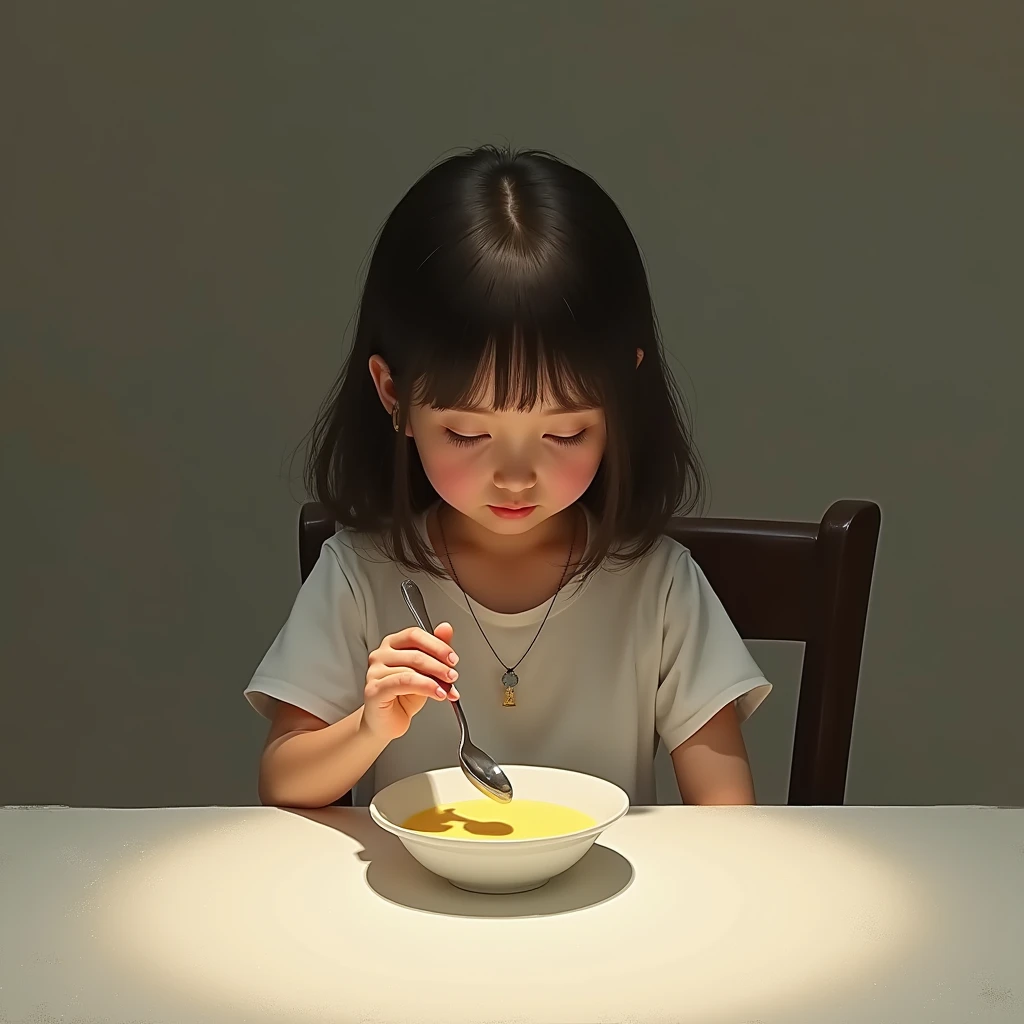 1 girl, standing alone, sitting down, tabletop, spoon, Pudding,, work of art, best qualityer,
