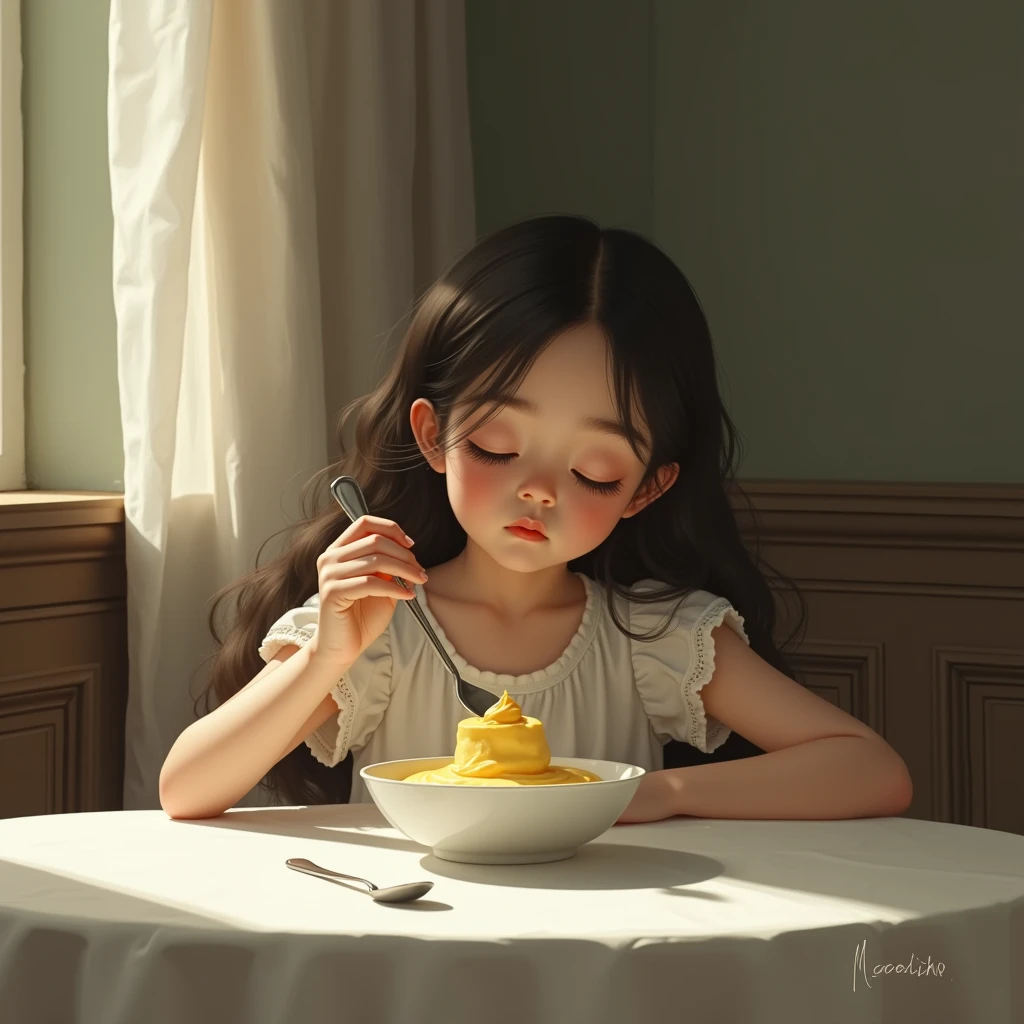 1 girl, standing alone, sitting down, tabletop, spoon, Pudding,, work of art, best qualityer,