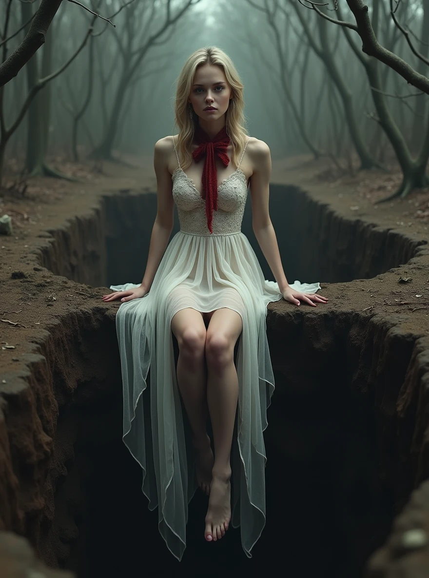 (Photorealism:1.1), Young woman, blonde, medium length hair, Long legs, Beauty, medium breasts, dressed in a long white dress, lace dress, A long train of her dress hangs over the edge of the pit, The pit is only in the foreground, gray eyes color, The background is a dense, dry, gloomy forest of thin branches, a view from inside the grave, Young woman сидит на краю ямы свесив ноги, The view is directed inside the pit, looks up, a red lace, fluffy bow around her neck, The pit is dug in the ground, The edges of the pit are earthen, The pit walls are made of earth, The earth is dark brown, A wide pit, even edges