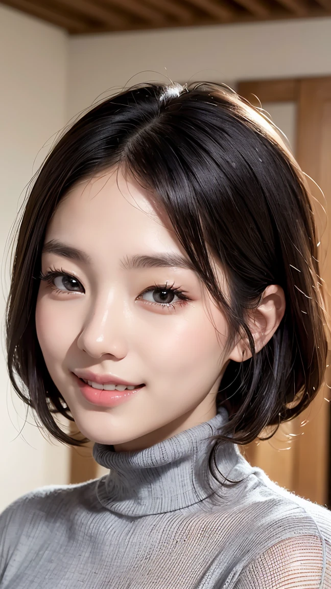 Realistic, masterpiece, Highest quality, Highest Resolution, Japanese women, Happy smile, Slightly to the side, Definitely watching the audience, Beautiful attention to detail, Iris, (Hidden eyelid wrinkles:1.2), Thin eyebrows, Draw eyelashes carefully, Natural Makeup, Mid-length hair, Silver Hair, Detailed face, Thick black turtleneck sweater