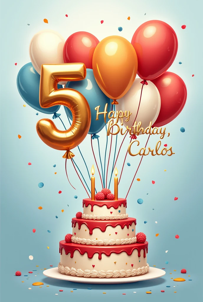 Stickers that say happy 50th birthday, Carlos, with an image of cakes and balloons in light blue and gold, platinum black, with more color