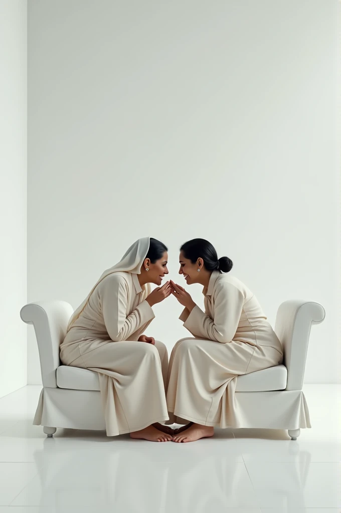 genarate a picture of sheickh hasina and khaleda jia pinching each others cheeks while sitting in a white room without any furniture