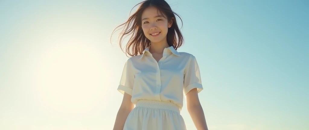 ((Highest quality)), ((masterpiece)), (detailed), Perfect Face,1 Japanese female,ager without makeup,Full body standing,Clean up to the toes,Huge breasts:1.3,Huge breasts:1.3,High bust top:1.3,Hard, Round Breasts:1.3,White shirt,Long skirt,((No Pat,Very good)),Bright smile,Soft sunlight on the beach,Thematic Depth,Clear focus,Natural and soft light