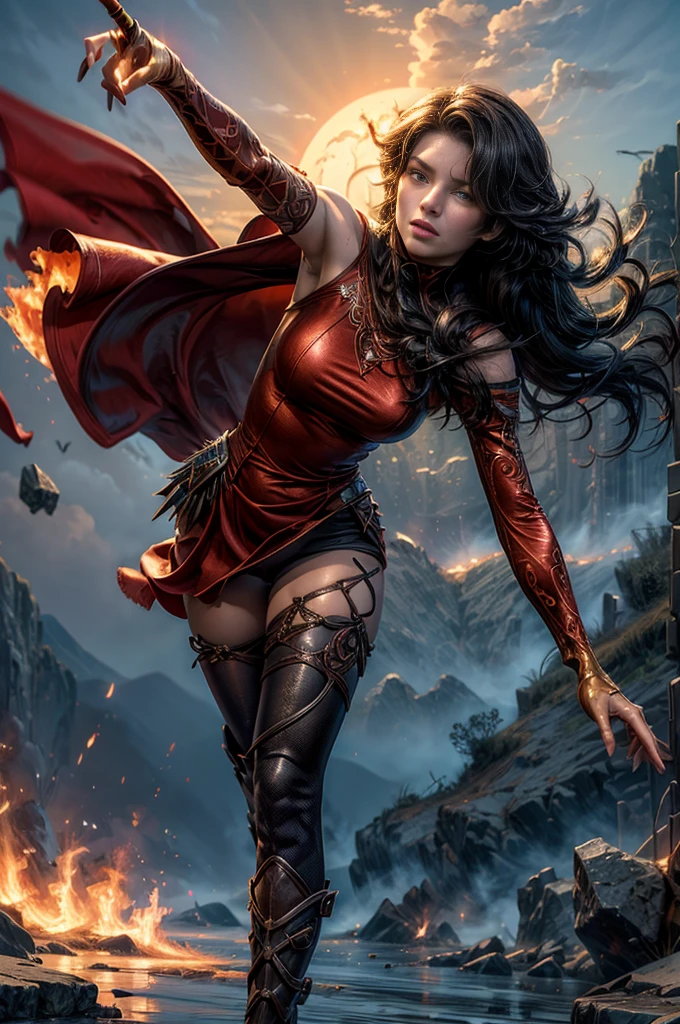 (masterpiece, best quality:1.2), cowboy shot, solo, 1girl, cinder fall, looking at viewer, long hair, red dress, elbow gloves, pantyhose, dynamic pose, flying, holding flames, high in the sky, blue sky, clouds, (volumetric lighting), sharp focus, hyper detailed