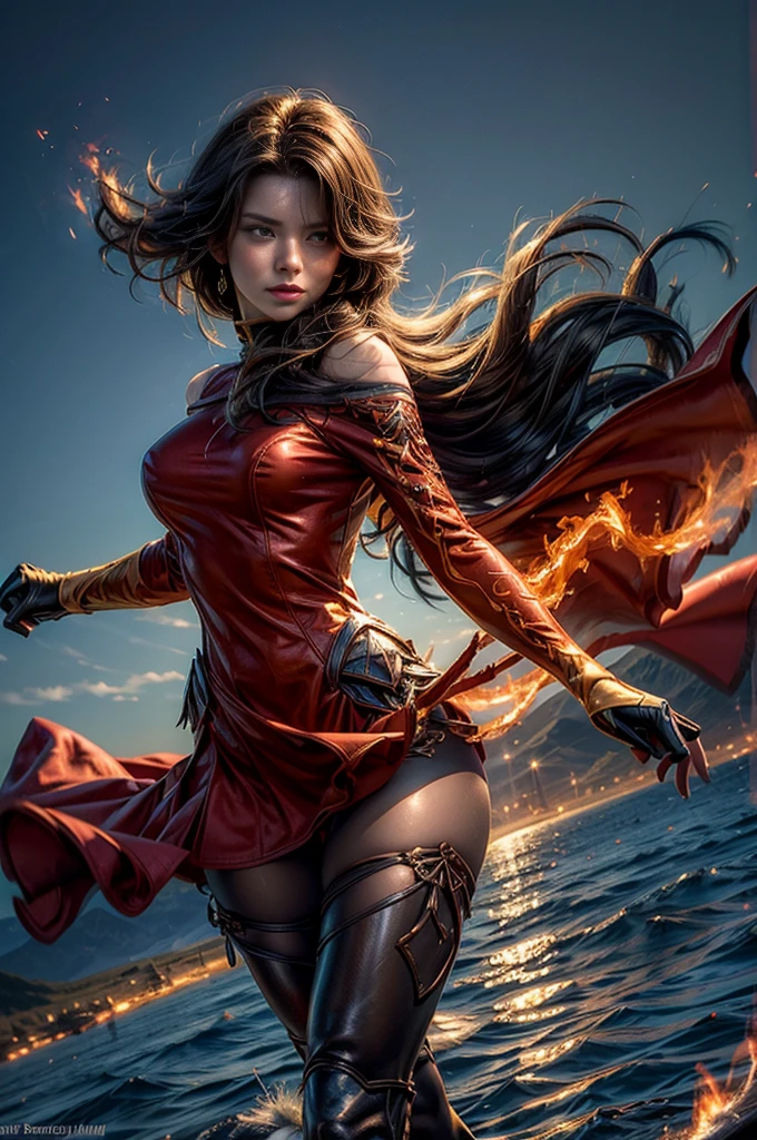 (masterpiece, best quality:1.2), cowboy shot, solo, 1girl, cinder fall, looking at viewer, long hair, red dress, elbow gloves, pantyhose, dynamic pose, flying, holding flames, high in the sky, blue sky, clouds, (volumetric lighting), sharp focus, hyper detailed