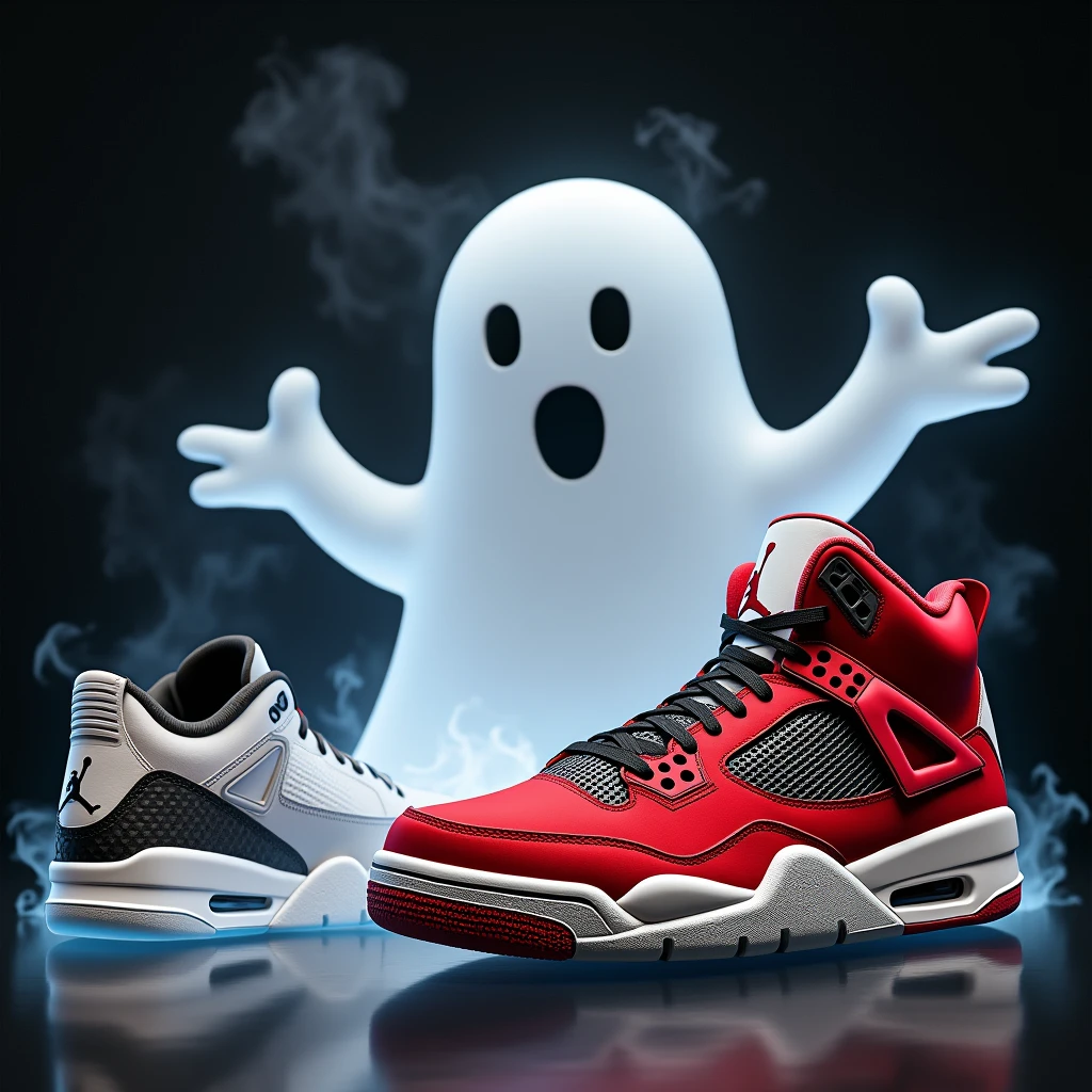 A ghost with a Jordan 13 on the right side and a Jordan 4 Retro on the left