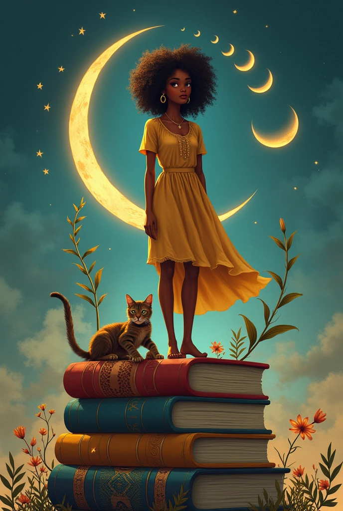 Uma mulher negra midsize com os cabelos cacheados até os ombros em cima de uma pilha de quatro livros de pé com plantas saindo dos livros um gato deitado em cima dos livros próximo ao pé dela com as Phases of the moon sobrevoando a cima da cabeça e simbolos africanos de candomblé espalhados sobrevoando ao redor dela. exuding lightness, delicacy and her passion for literature, Phases of the moon, cats and African culture