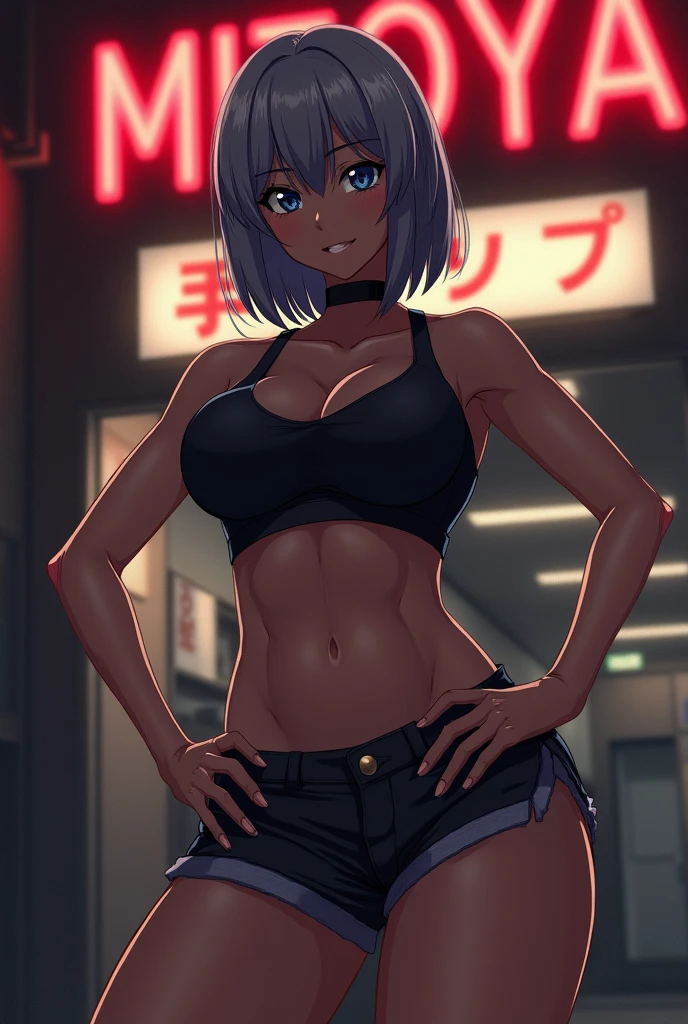 "MITOYA"It's written there,dark skin,abs:1.5,Japanese girl、movie lighting,sign"MITOYA",Gray Hair、An outfit that reveals the navel、Abdominal muscles、Leg spread、Big Tits、Anime Style、