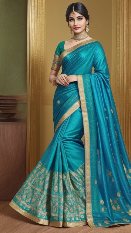 Peacock Blue Paithani with Zardosi Embroidery
A stunning peacock blue Paithani saree highlighted with exquisite Zardosi embroidery in gold and emerald green. The saree has a rich pallu featuring peacock motifs and is paired with a matching silk blouse. Accessorized with kundan jewelry.