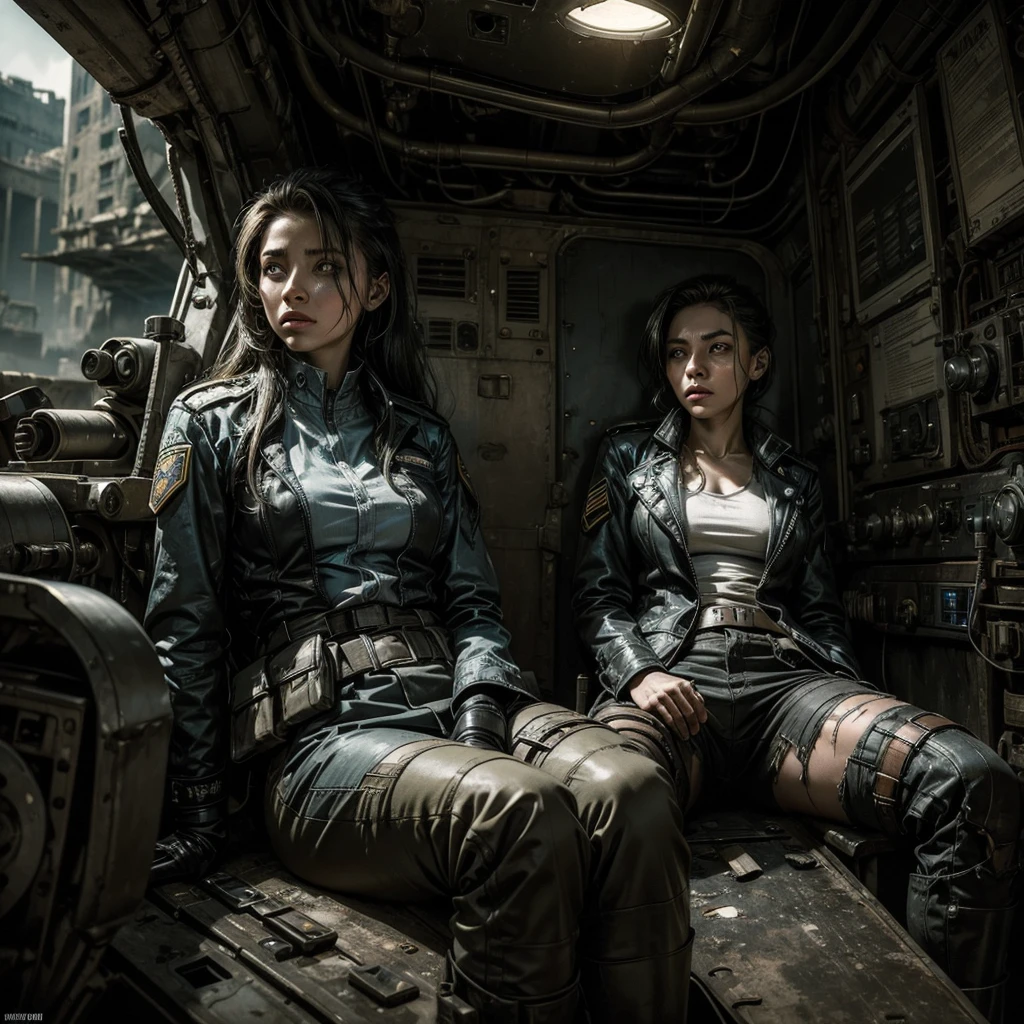 a mysterious and ghostly woman in a worn and torn uniform sitting near the remains of some military vehicles in a futuristic and dystopian scenario, the woman is framed in the foreground and with a very detailed face