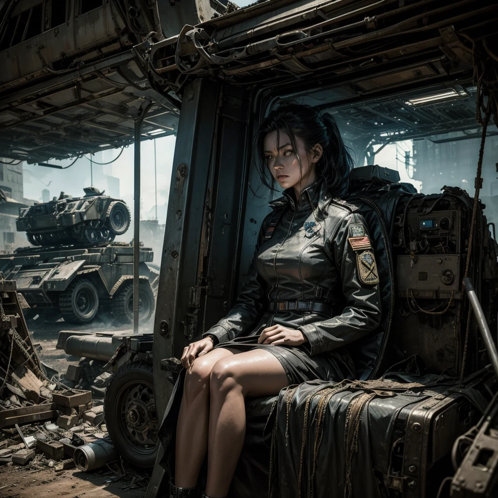 
a mysterious and ghostly woman in a worn and torn uniform sitting near the remains of some military vehicles in a futuristic and dystopian scenario, the woman is framed in the foreground and with a very detailed face