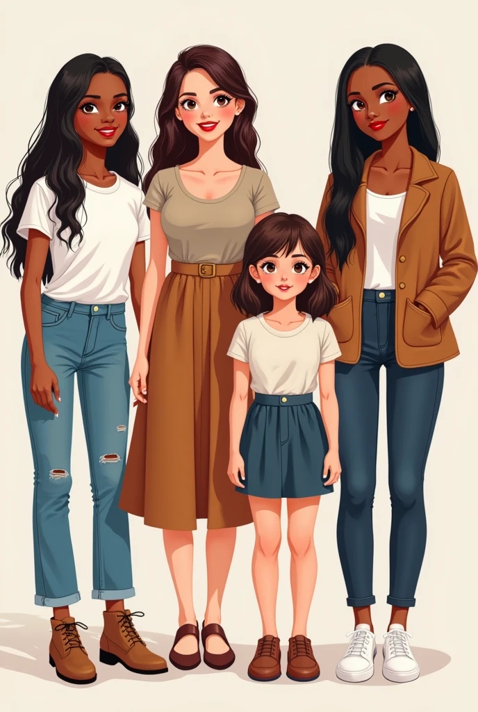 A group of 4 girls The first one is a brunette with long hair, Brown eyes, white and wearing clothes a t-shirt and jeans The second black-haired girl with long hair, with red lips, with makeup and clothes that have a top and skirt.
The third one that a younger girl of size, semi-short brown hair with long eyelashes and big eyes. (I WEAR A SKIRT TOO)
The last one that be a young girl of small size, LONG BLACK HAIR super straight and wearing pants.
WITHOUT FRILL XF and like even skirt