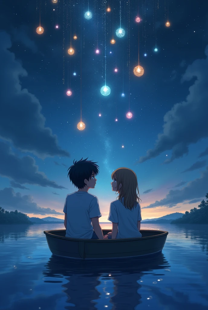 night background with floating lights. The 18-year-old boy is black-haired, blue eyes and a few freckles that are not very visible and the 18-year-old girl is light brown, amber eyes, and has a slight pink hue to her cheeks she is distracted watching the lights floating, They are in a boat on a lake.