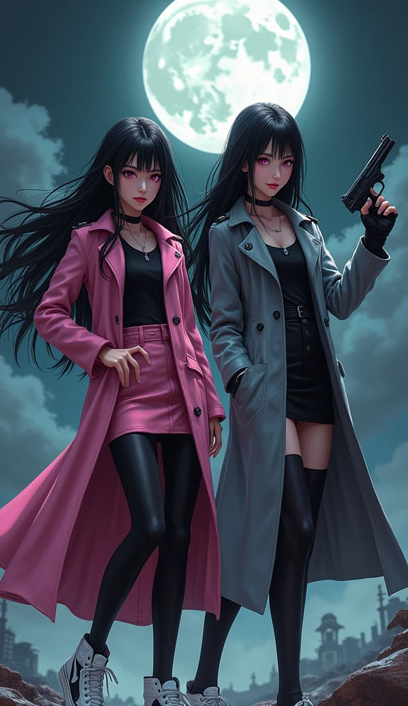 (Two young womens, long black hairs, yuri, Vampire Hunters

The first young women pink eyes wear a pink long coat, black shirt, pink pencil skirt, black underpants, black tights, black gloves, white sneakers high top.

The second young women grey eyes wore a grey long coat, black shirt, grey pencil skirt, black underpants, black tights, black gloves, white sneakers high top.

holding a pistol handguns, black grey sky, fantastic night sky, moon, cartoon novel, 4K, HD