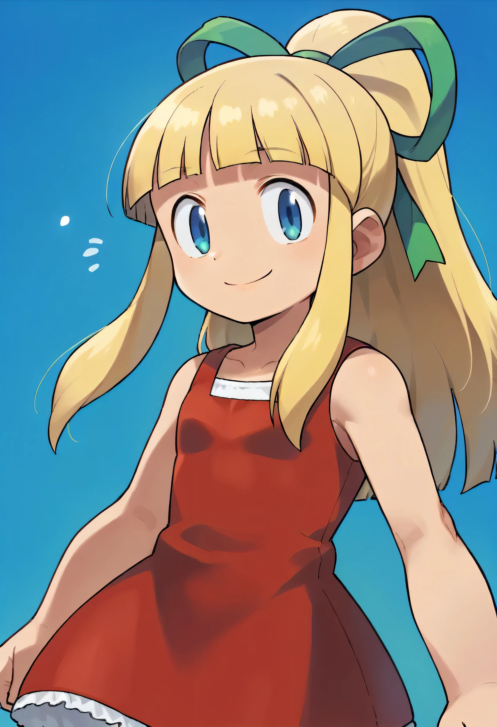 score_9, score_8_up, score_7_up, source_anime, solo, ishikawa hideki style, Roll (Mega man), long hair, bangs, blue eyes, blonde hair, dress, ribbon, hair ribbon, ponytail, sidelocks, collarbone, sleeveless, blunt bangs, sleeveless dress, red dress, green ribbon, flat chest, standing up smile, blue background