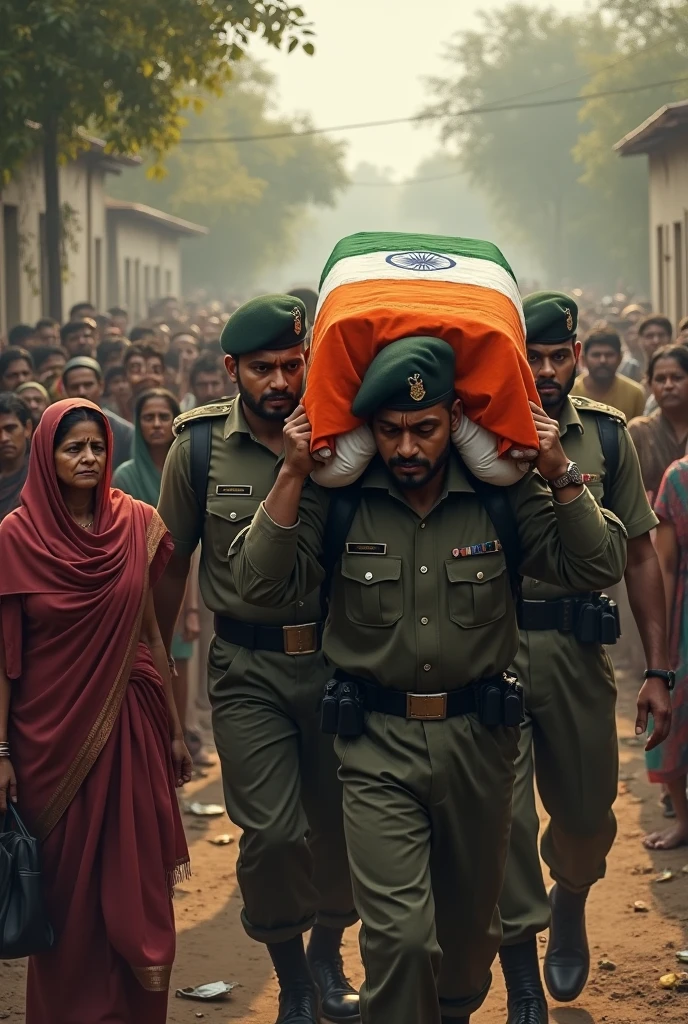 A death army jawan, wrapped in the flag of India, is on the shoulders of six Indian army soldiers in front of the house in the village, there is a crowd of people from the village all around, mother and wife are leaving the house crying. Emotional seen