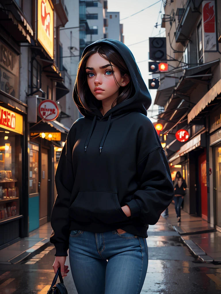 a pretty brunette girl, 22 years old, wearing a black hoodie and blue jeans, walking on an urban street, pensive and slightly sad expression, detailed facial features, detailed eyes and lips, complex urban background, whimsical lighting, Cinematic composition, Realistic photo, high quality, 8k, ultra detailed