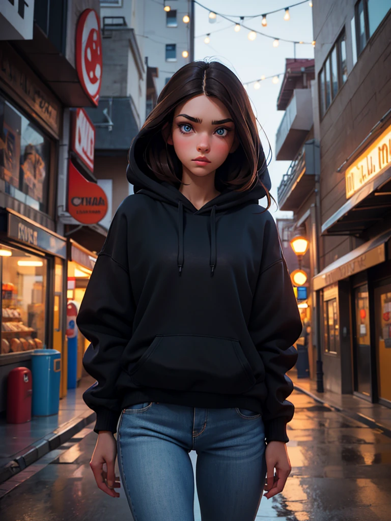 a pretty brunette girl, 22 years old, wearing a black hoodie and blue jeans, walking on an urban street, pensive and slightly sad expression, detailed facial features, detailed eyes and lips, complex urban background, whimsical lighting, Cinematic composition, Realistic photo, high quality, 8k, ultra detailed