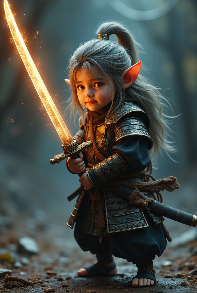 A young samurai gnome, medieval samurai clothes, long hair, powerful aura emanating from sword, detailed face, intricate armor, highly detailed, 8k, photorealistic, cinematic lighting, dramatic shadows, muted color palette, moody atmosphere