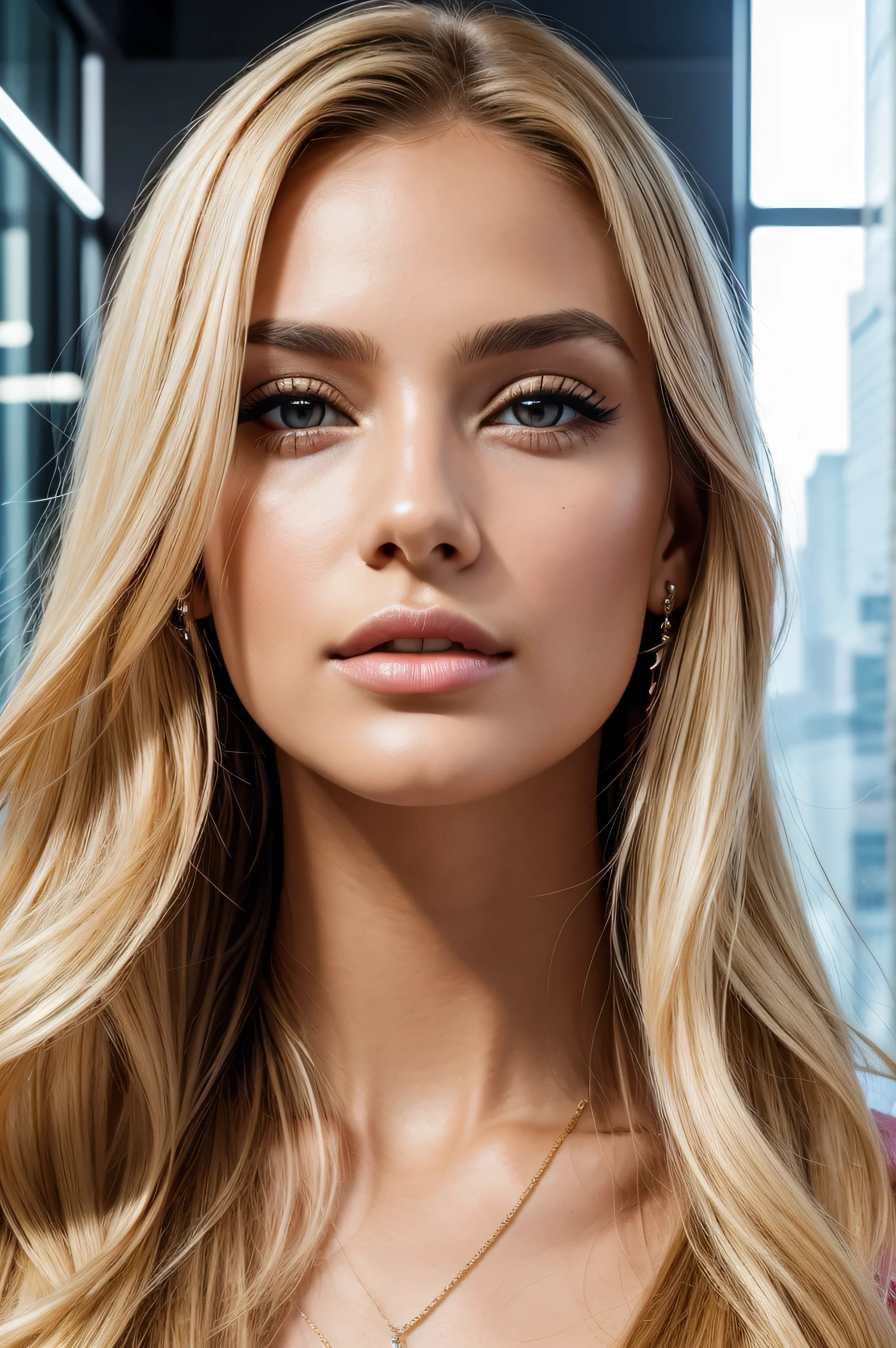 (Close-up portrait) A stunning woman with long, blonde hair styled in loose waves, her skin glowing with a flawless, sun-kissed complexion. Her facial features are sharp and captivating, with full lips, perfectly arched eyebrows, and intense, almond-shaped eyes that are enhanced with expertly applied makeup. She is wearing elegant, sparkling earrings that catch the light and a delicate necklace that rests against her collarbone. (Background) The background is a modern, luxurious shopping mall, filled with soft lighting, glass storefronts, and a sleek, polished floor. The setting is bright and sophisticated, with the reflection of the lights and displays adding depth and ambiance to the scene. The image captures a moment of quiet confidence, as she looks directly into the camera, exuding poise and elegance.