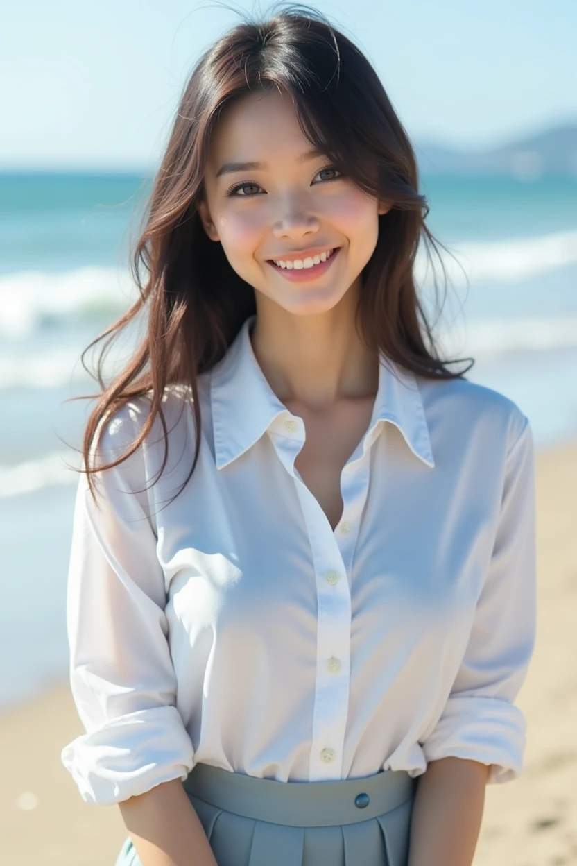 ((Highest quality)), ((masterpiece)), (detailed), Perfect Face,2 Japanese women,ager without makeup,Full body standing,Clean up to the toes,Huge breasts:1.3,Huge breasts:1.3,High bust top:1.3,Hard, Round Breasts:1.3,White shirt,Long skirt,((No Pat,Very good)),Bright smile,Soft sunlight on the beach,Thematic Depth,Clear focus,Natural and soft light