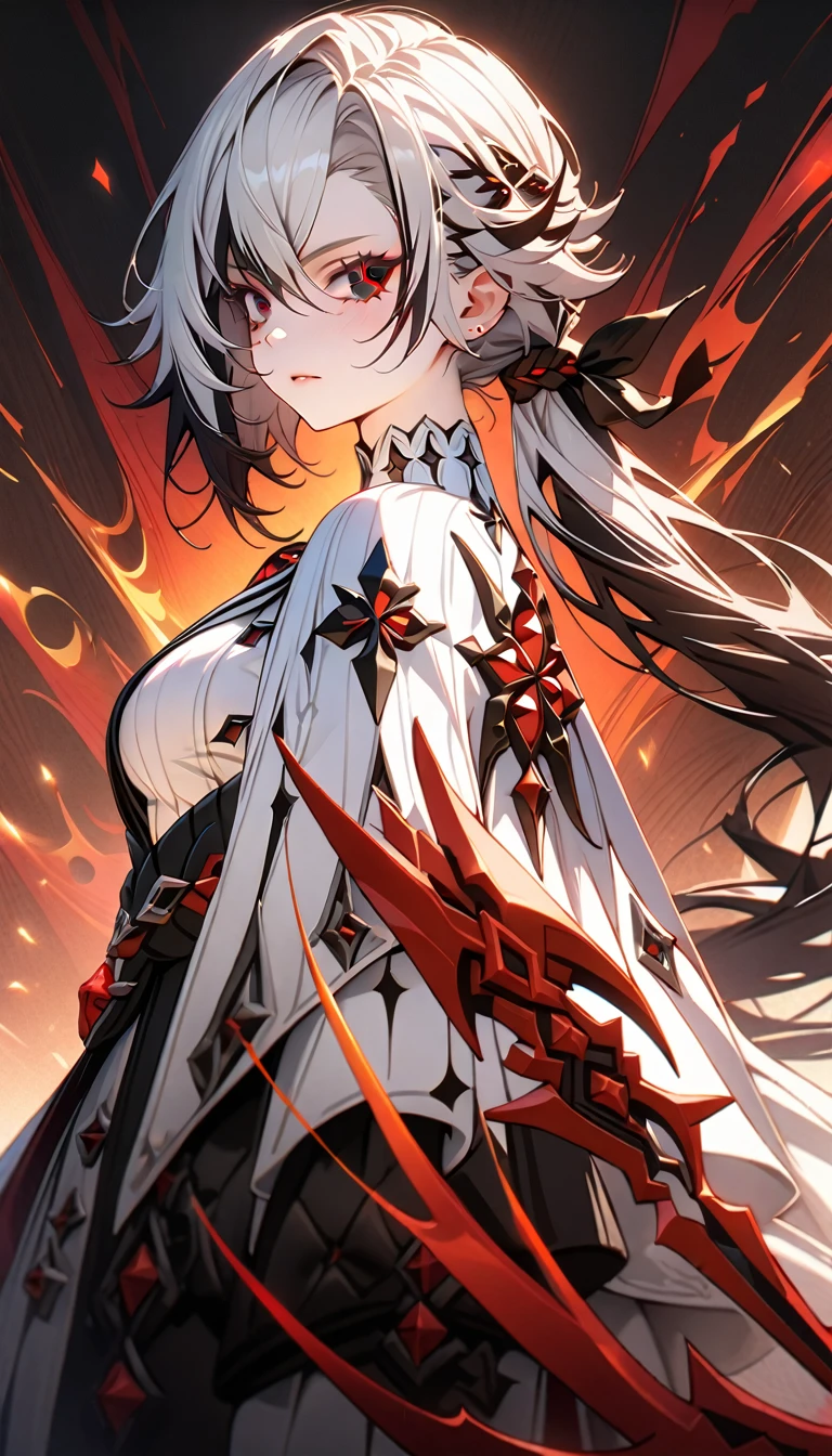 1girl, red blood scythe on hand, blood fire background, Arlecchino, arlecchino (genshin impact), red eyes, layered hair, grey and black hair, ponytail, add_detail:1, add_detail:0, add_detail:0.5,(masterpiece:1.5), (8k details:1.3), (unlimited details:1.2), (best eyes:1.4), (ultra clothes details:1.3), (highly detailed background), (vibrant colors), (dynamic lighting), (realistic skin texture), (intricate patterns), (sharp focus), (full-body view), (natural poses), (expressive emotions), (cinematic composition)