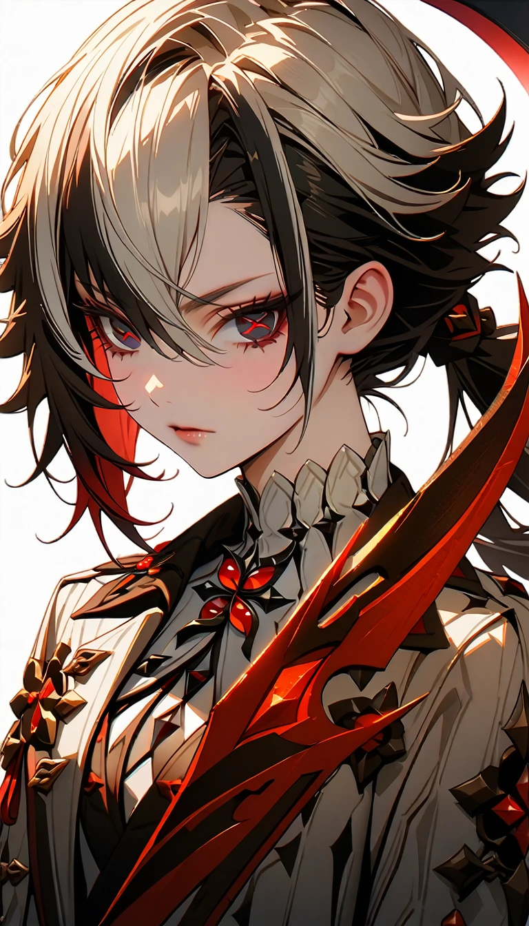 1girl, red blood scythe on hand, blood fire background, Arlecchino, arlecchino (genshin impact), red eyes, layered hair, grey and black hair, ponytail, add_detail:1, add_detail:0, add_detail:0.5,(masterpiece:1.5), (8k details:1.3), (unlimited details:1.2), (best eyes:1.4), (ultra clothes details:1.3), (highly detailed background), (vibrant colors), (dynamic lighting), (realistic skin texture), (intricate patterns), (sharp focus), (full-body view), (natural poses), (expressive emotions), (cinematic composition)