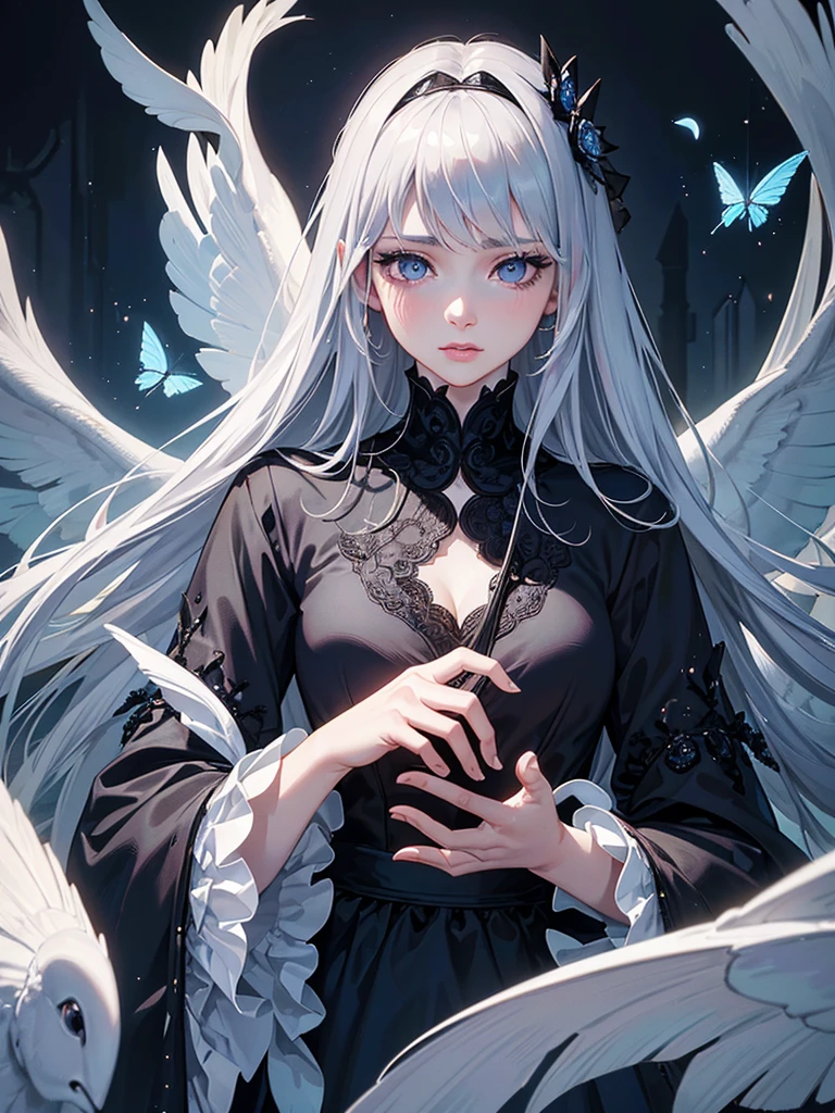 beautiful detailed eyes, beautiful detailed lips, extremely detailed eyes and face, long eyelashes, 1girl, kitsune, long black hair, bangs, blue eyes, blue butterflies flying around, gothic ****ta style clothing, digital art, intricate details, highly detailed, masterpiece, (best quality,4k,8k,highres,masterpiece:1.2),ultra-detailed,(realistic,photorealistic,photo-realistic:1.37), dark fantasy, elegant, ethereal, magical realism, atmospheric lighting