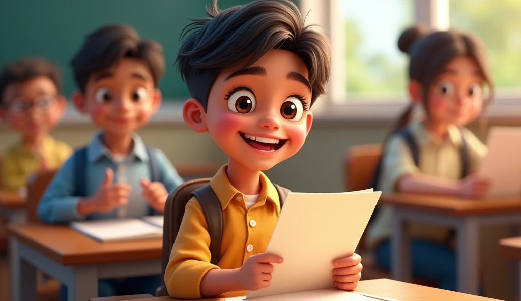 Ramesh smiling happily as he receives his homework, with a twinkle in his eyes, eager to start writing."