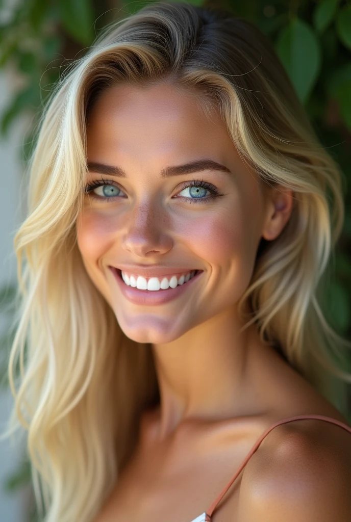 jolie fille yeux bleux, sourire dents blances, naturelle, seins nue