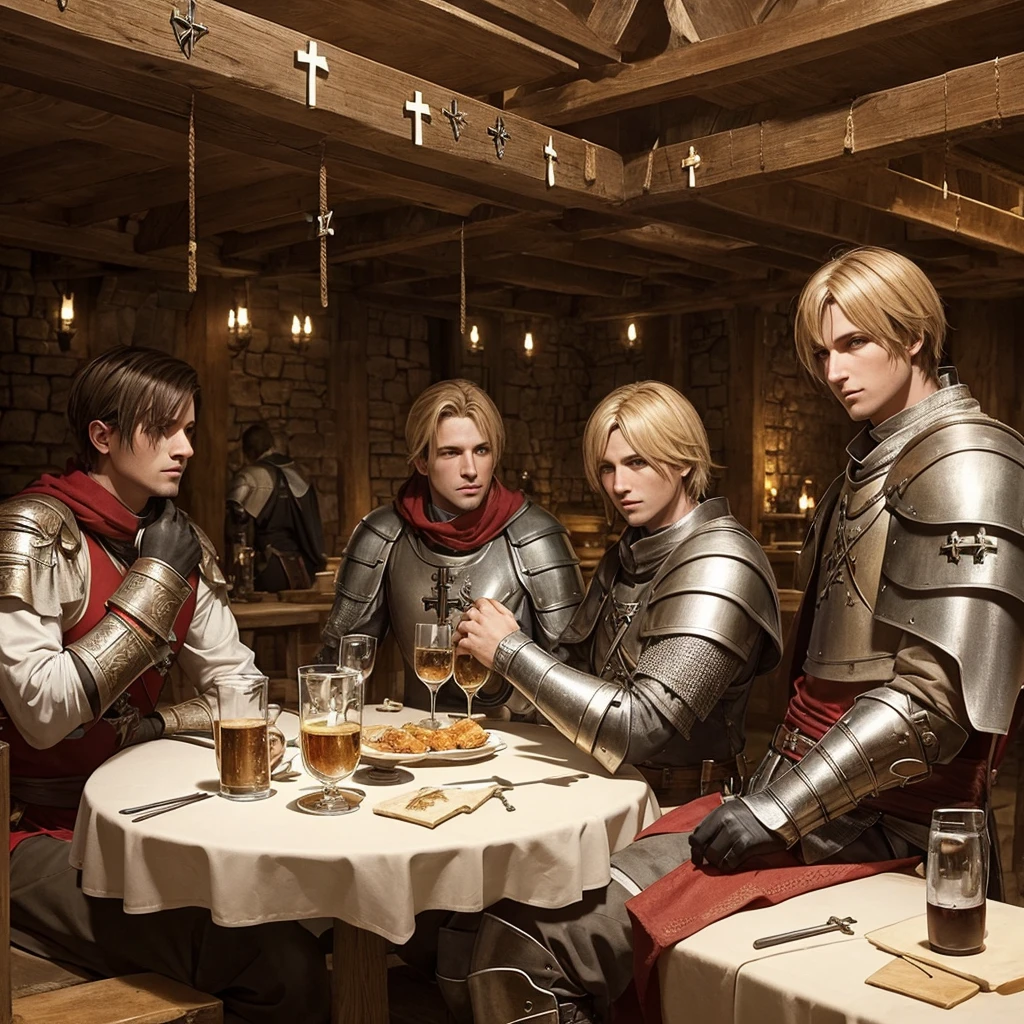 Templars with their armor and their crosses hanging from their necks in a medieval tavern resting