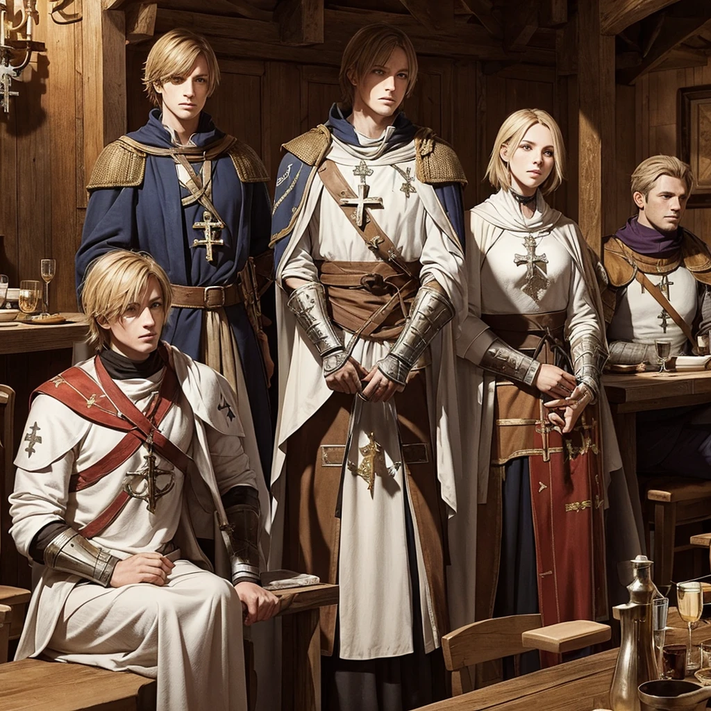 Templars with their armor and their crosses hanging from their necks in a medieval tavern resting
