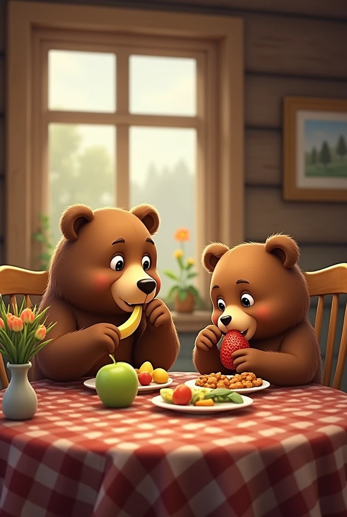 3 bears eating in the dinning table.
The dad bear eating a banana.
The mom bear eating an green apple.
The kid bear eatind a strawberry 