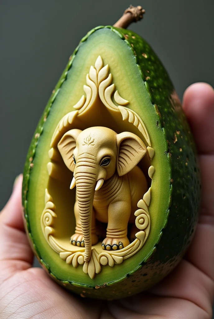 Avocado carving artwork, a half avocado is carved with an elephant in Thai style.